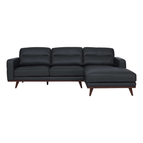 Astrid 2.5 Seater Sofa + Chaise RHF in Butler Leather Slate / Brown Leg