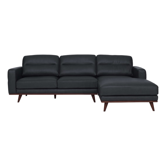 Astrid 2.5 Seater Sofa + Chaise RHF in Leather Slate / Brown Leg