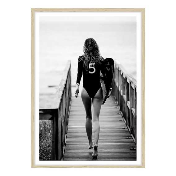 Bay Surfer Girl Framed Print in 118 x 165cm Natural