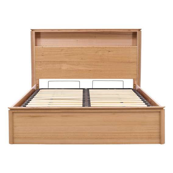 Charles Queen Bed Frame with Gas Lift Storage in Australian Messmate
