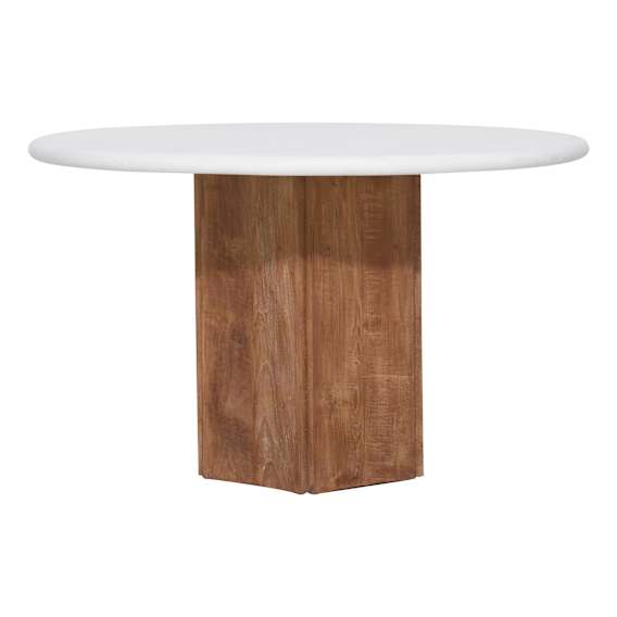 Elio Round Dining Table 130cm in Rendered Concrete White / Reclaimed Teak
