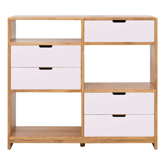 Franco Low Double Shelf Unit 128cm in Mangowood Clear / White Drawers