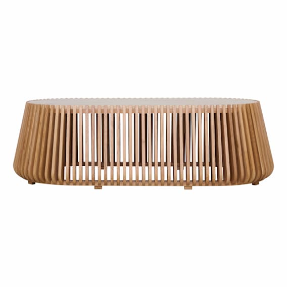 Pila Oval Coffee Table 140cm in American Oak / Italian Travertine