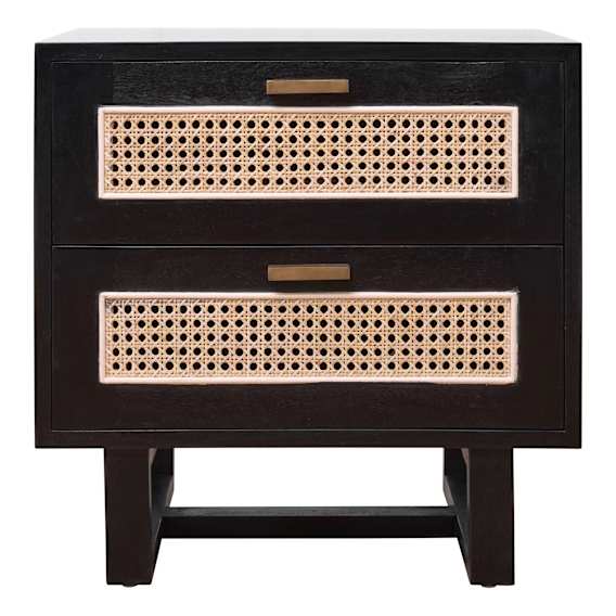 Rita Bedside Table 2 Drawer in Mindi Black / Rattan