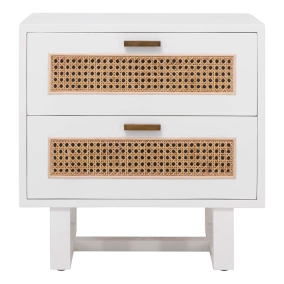 Rita Bedside Table 2 Drawer in Mindi White / Rattan