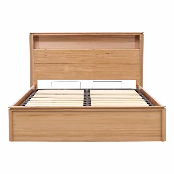 Charles King Bed Frame with Gas Lift Storage in Australian Messmate