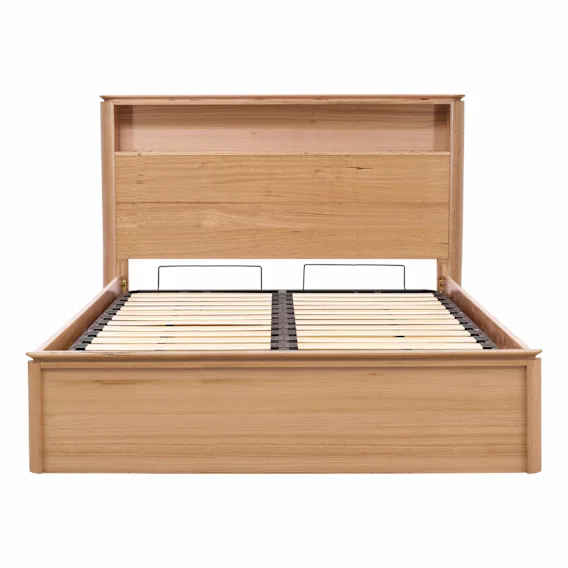 Charles Queen Bed Frame with Gas Lift Storage in Australian Messmate
