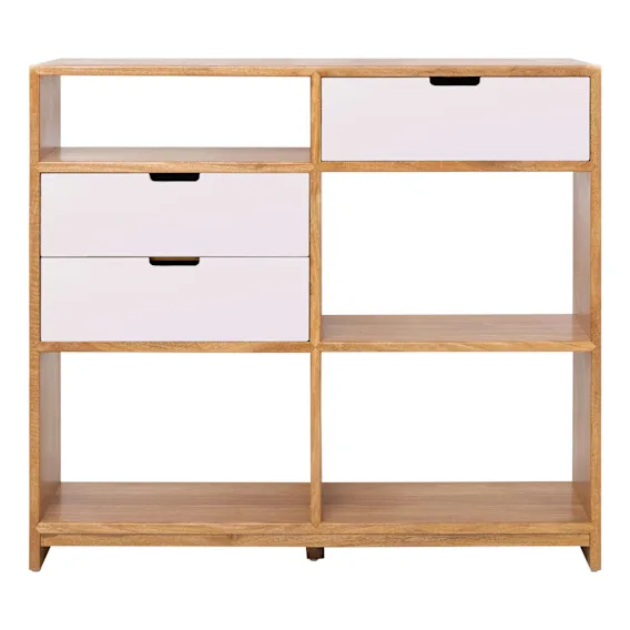 Franco Low Double Shelf Unit 128cm in Mangowood Clear / White Drawers
