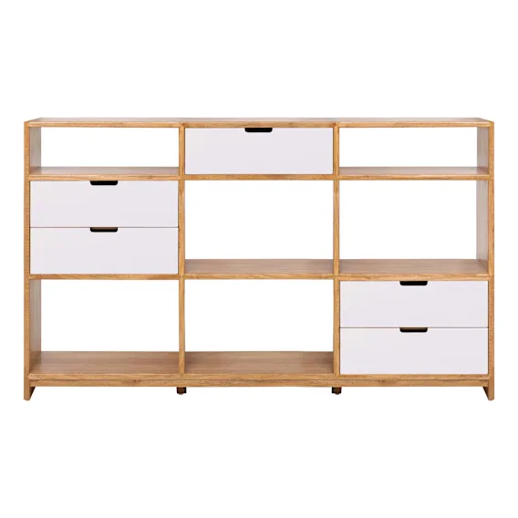 Franco Low Triple Shelf Unit in Mangowood Clear / White Drawers