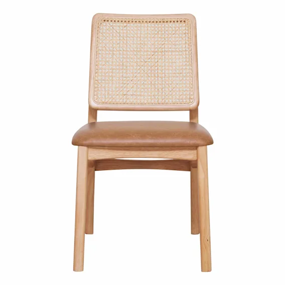 Jonas Dining Chair in Rattan / Urbane Leather Light Brown / Clear