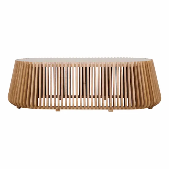 Pila Oval Coffee Table 140cm in American Oak / Italian Travertine
