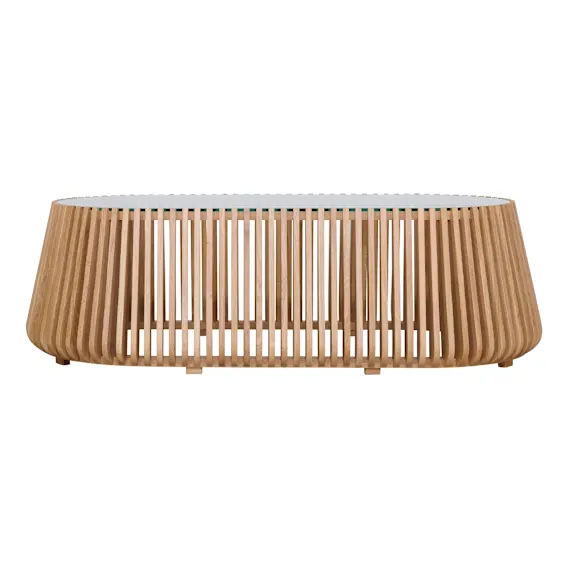 Pila Oval Coffee Table 140cm in American Oak / Glass
