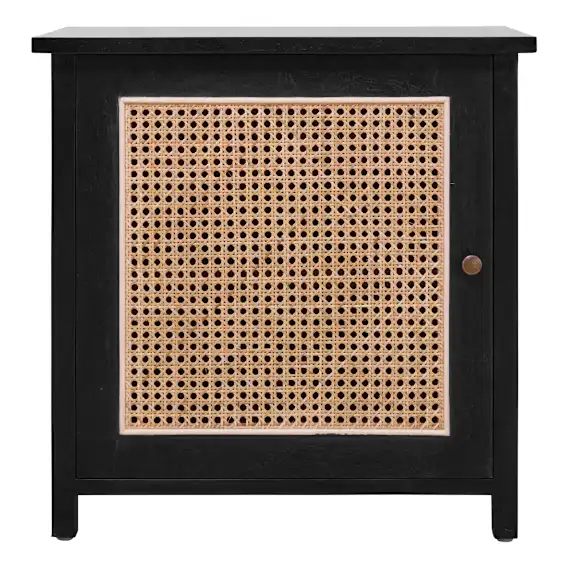 Rita Bedside Table with Door in Mindi Black / Rattan