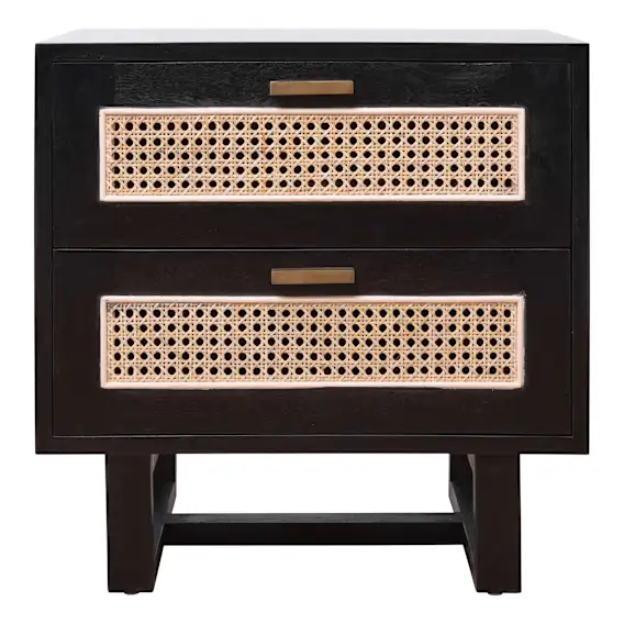 Rita Bedside Table 2 Drawer in Mindi Black / Rattan